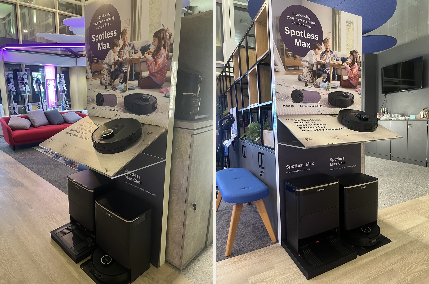 Bosch Spotless Max robot vacuum product display at BSH HQ showing branded graphics, product demonstration area and docking stations